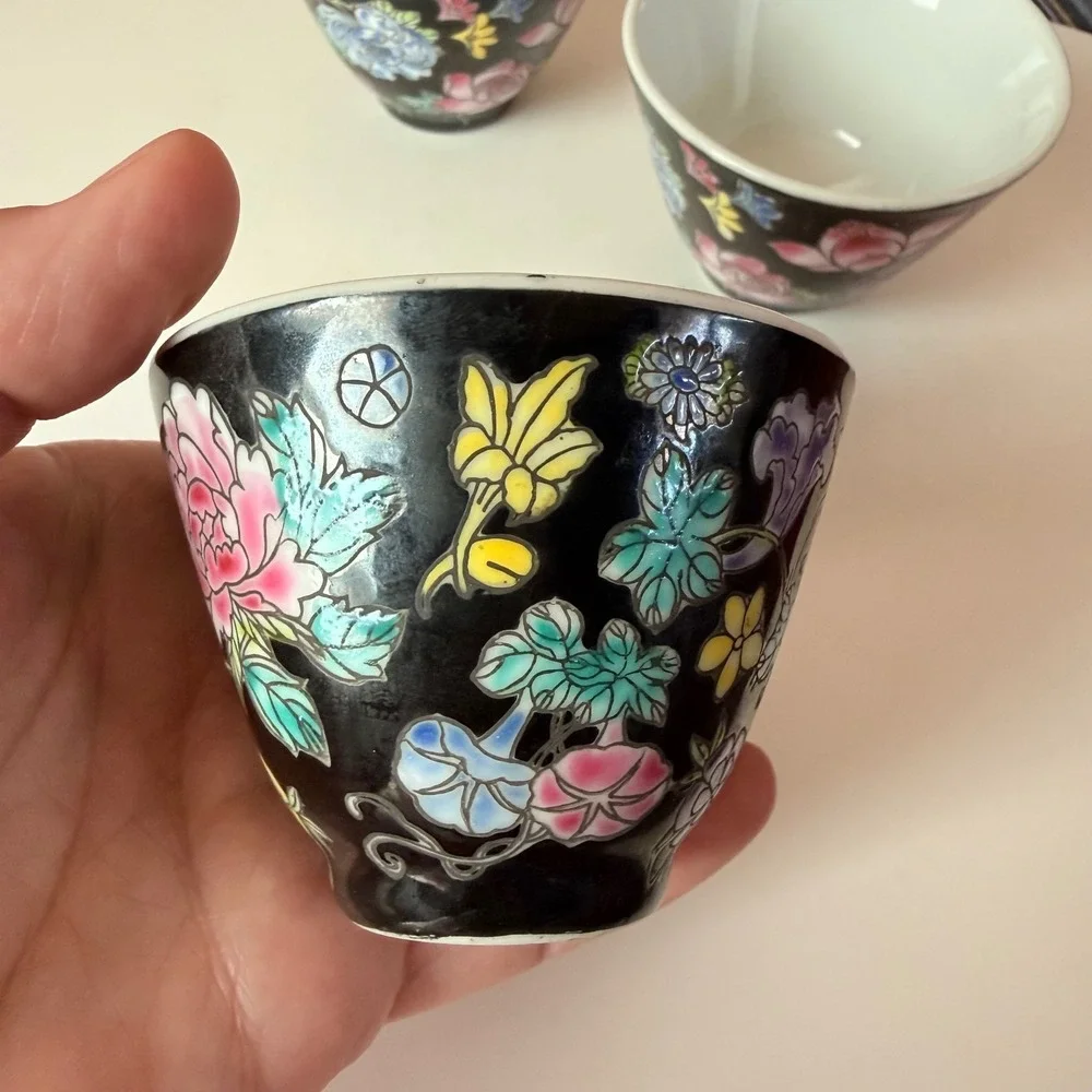 Jingdezhen Famille Noire Tea Cups - Set of 3 Hand-Painted Black Porcelain Floral